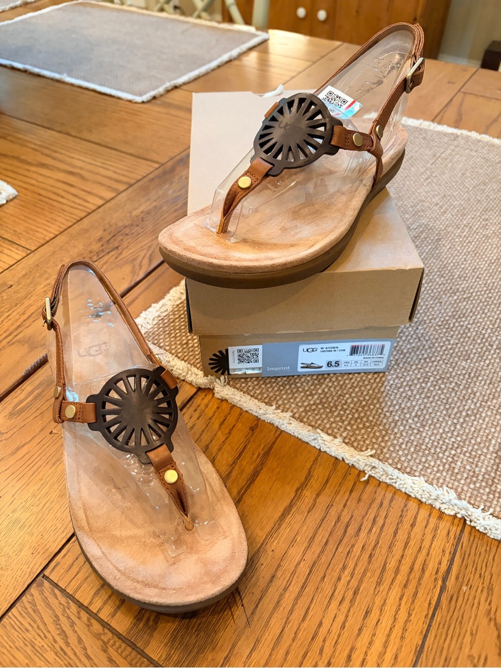 UGG Women's Ayden Brown Thong Leather Slingback Sandals 6.5 NEW